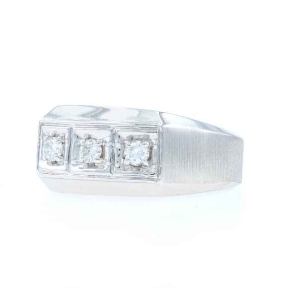 White Gold Diamond Men's Ring - 14k Round Brilliant .24ctw Three-Stone - Picture 3 of 6
